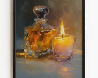 Decanter and Candle Still Life Painting, Moody Warm Tones (Digital Download)