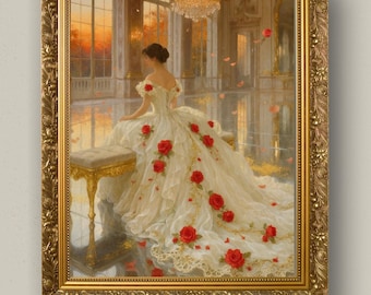 Romantic Princess Wall Art Printable – Vintage Ballroom Painting, Regal Dress with Roses, Elegant Digital Print