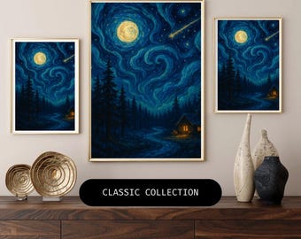Starry Night Cabin Print – Moody Winter Forest Landscape (Digital Download)