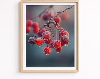 Red Winter Berries Snowy Branch Print, Rustic Christmas Decor (Digital Download)
