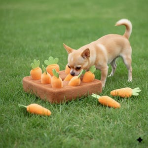 Könnte beinhalten: Ein hellbrauner Chihuahua-Hund interagiert mit einem Plüsch-Hundespielzeug. Das Spielzeug ist ein braunes Quadrat mit orangefarbenen, karottenförmigen Spielzeugen mit grünen Oberteilen. Mehrere Karotten liegen außerhalb des Quadrats auf dem grünen Gras.