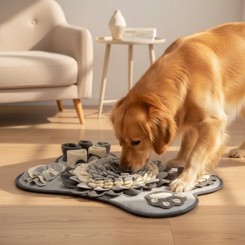 May include: A golden retriever interacting with a gray and white dog puzzle mat. The mat has a flower-like design in the center and paw print details. Several small, dark gray and white containers are also on the mat.