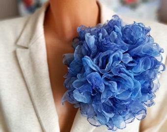 Organza flower Large flower pin Soft blue flower brooch Fashion floral broach Gift for mom Elegant flower brooch  for women Party brooch