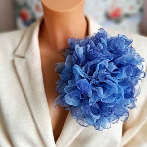 Organza flower Large flower pin Soft blue flower brooch Fashion floral broach Gift for mom Elegant flower brooch for women Party brooch image 1