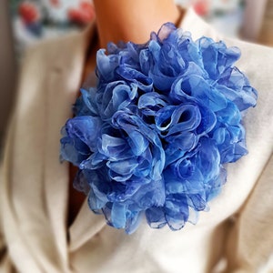 Organza flower Large flower pin Soft blue flower brooch Fashion floral broach Gift for mom Elegant flower brooch for women Party brooch image 2