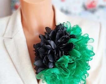 Green black flower brooch Large flower brooch Organza flower Elegant floral broach Flower pin for women Fashion flower brooch Gift for mom