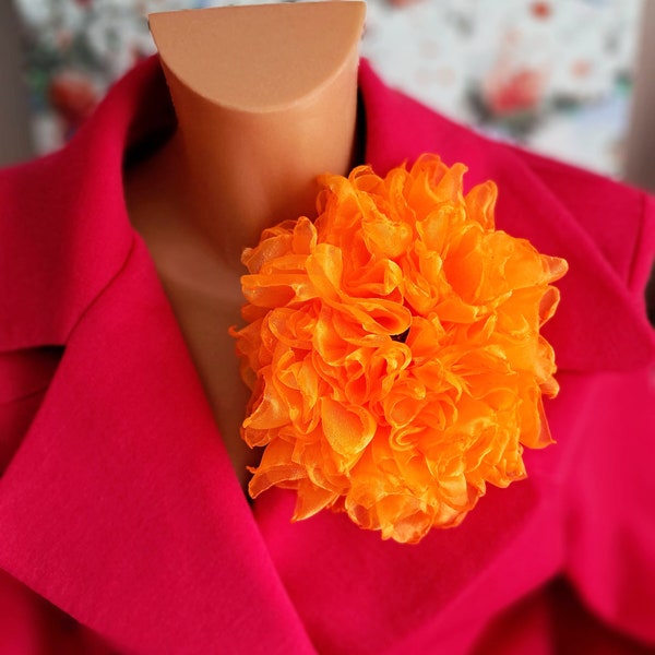 Orange flower brooch Organza flower Elegant brooch Oversized flower pin Fashion brooch Large flower Original gift for women Big flower