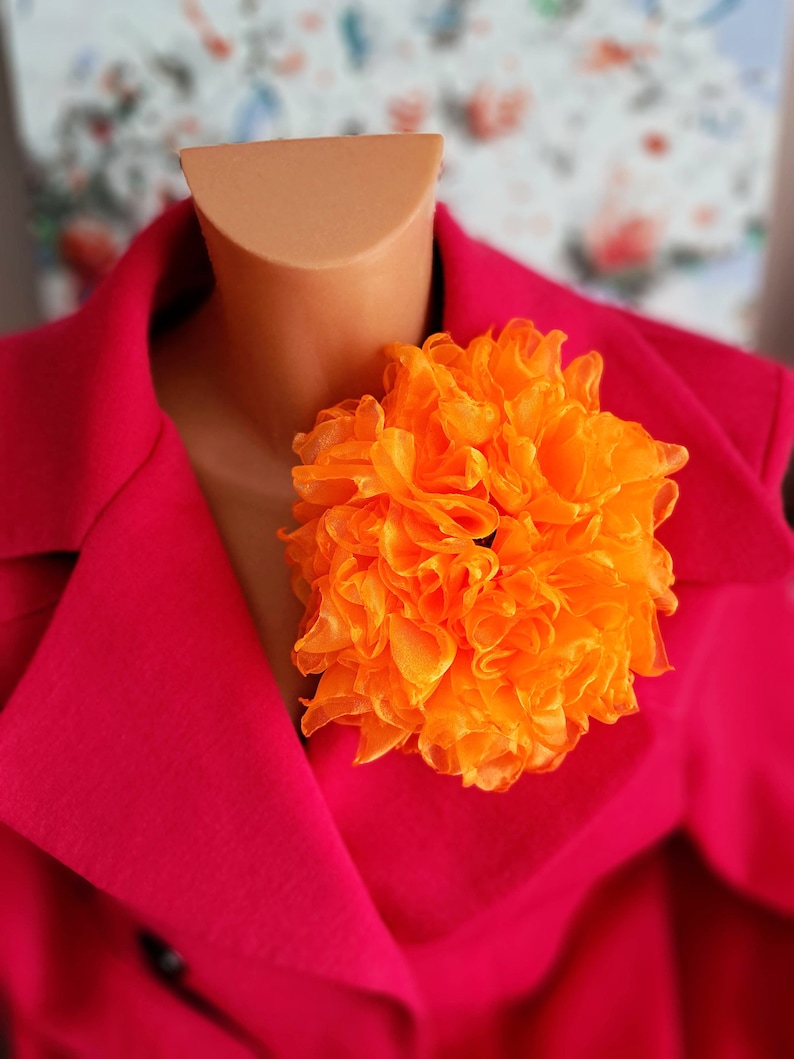 Orange flower brooch Organza flower Elegant brooch Oversized flower pin Fashion brooch Large flower Original gift for women Big flower image 1