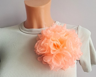 Salmon Organza Flower Brooch, 5 in, Fabric Pin for Women - Dress or Bag Accessory, Handmade