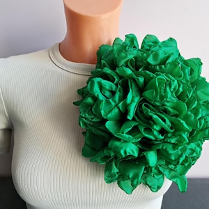 Large Rich Green Satin Flower Brooch, Statement Jacket Accessory