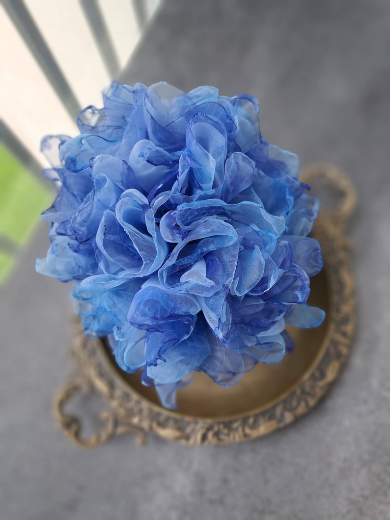 Organza flower Large flower pin Soft blue flower brooch Fashion floral broach Gift for mom Elegant flower brooch for women Party brooch image 4