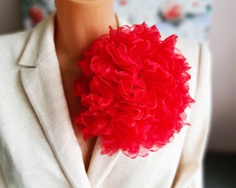 Bright red flower brooch Organza flower pin Elegant brooch for women Party flower brooch Oversized flower broach Big flower Gift for women