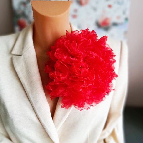 Bright red flower brooch Organza flower pin Elegant brooch for women Party flower brooch Oversized flower broach Big flower Gift for women