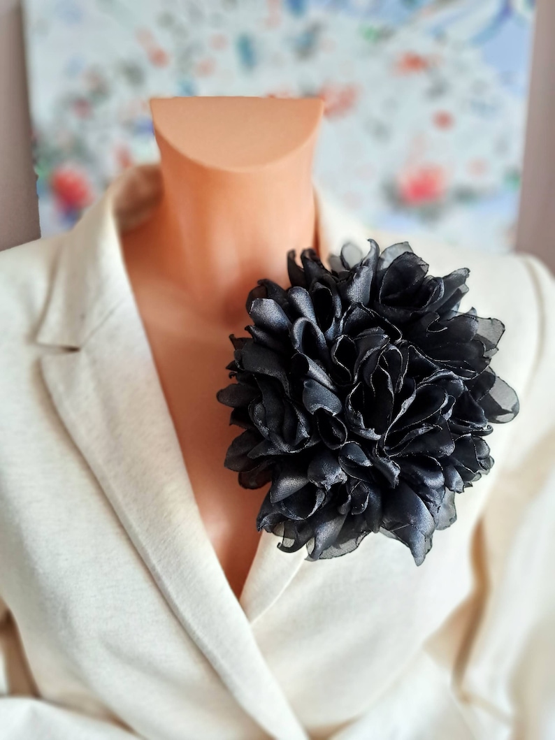 Black large flower brooch Organza flower Elegant brooch for women Party flower pin Gift for her Oversized flower brooch Big flower image 1