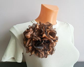 Large Bronze Organza Flower Brooch: Handmade Statement Pin