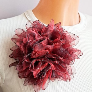 Deep red flower brooch Organza flower Elegant flower broach Floral pin for woman Gift for her Party flower brooch Cute flower