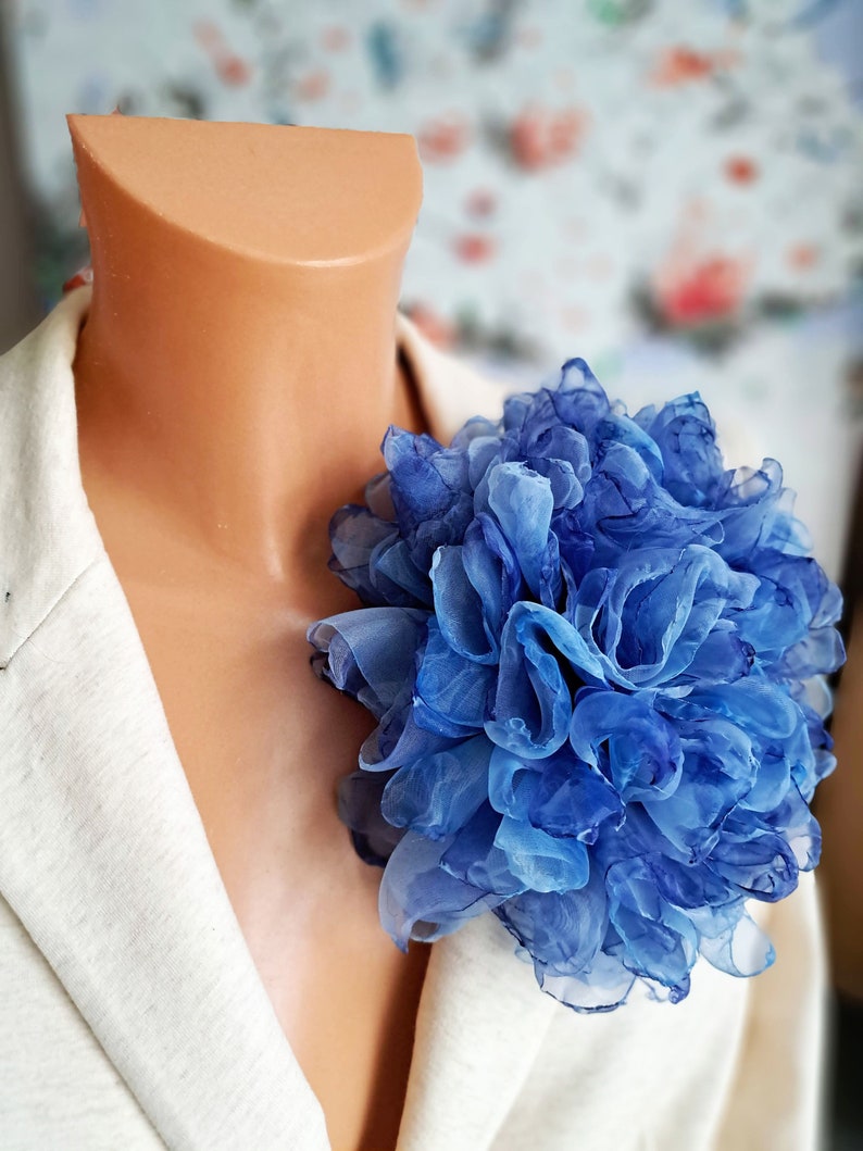 Organza flower Large flower pin Soft blue flower brooch Fashion floral broach Gift for mom Elegant flower brooch for women Party brooch image 10