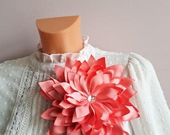 Coral Large Artificial Silk Flower Brooch: Bright Shoulder Corsage Pin