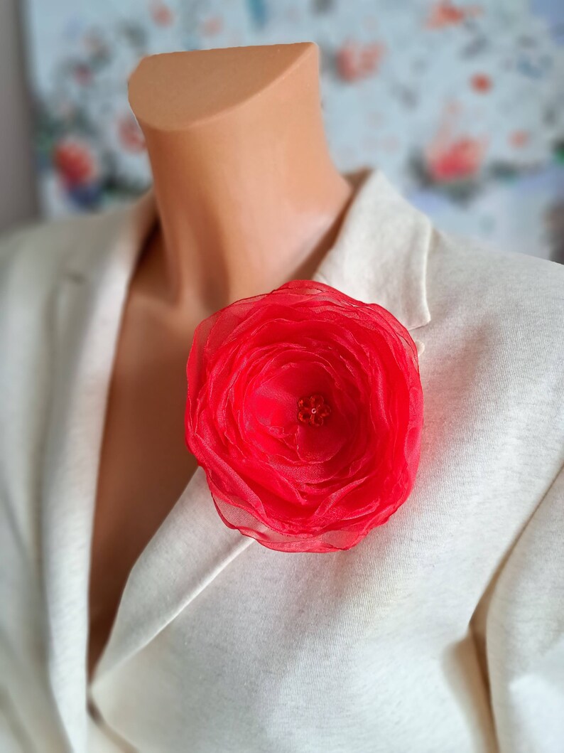 Red Flower Brooch Floral Broach for Woman Organza Flower Party Flower