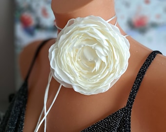 White flower choker necklace Handmade floral choker Fabric flower choker Elegant flower rose choker for women Gift for specials days