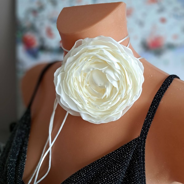 White flower choker necklace Handmade floral choker Fabric flower choker Elegant flower rose choker for women Gift for specials days