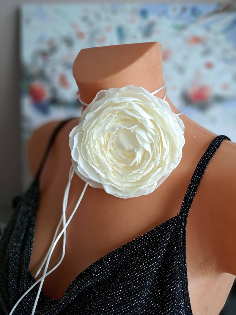 White flower choker necklace Handmade floral choker Fabric flower choker Elegant flower rose choker for women Gift for specials days image 1