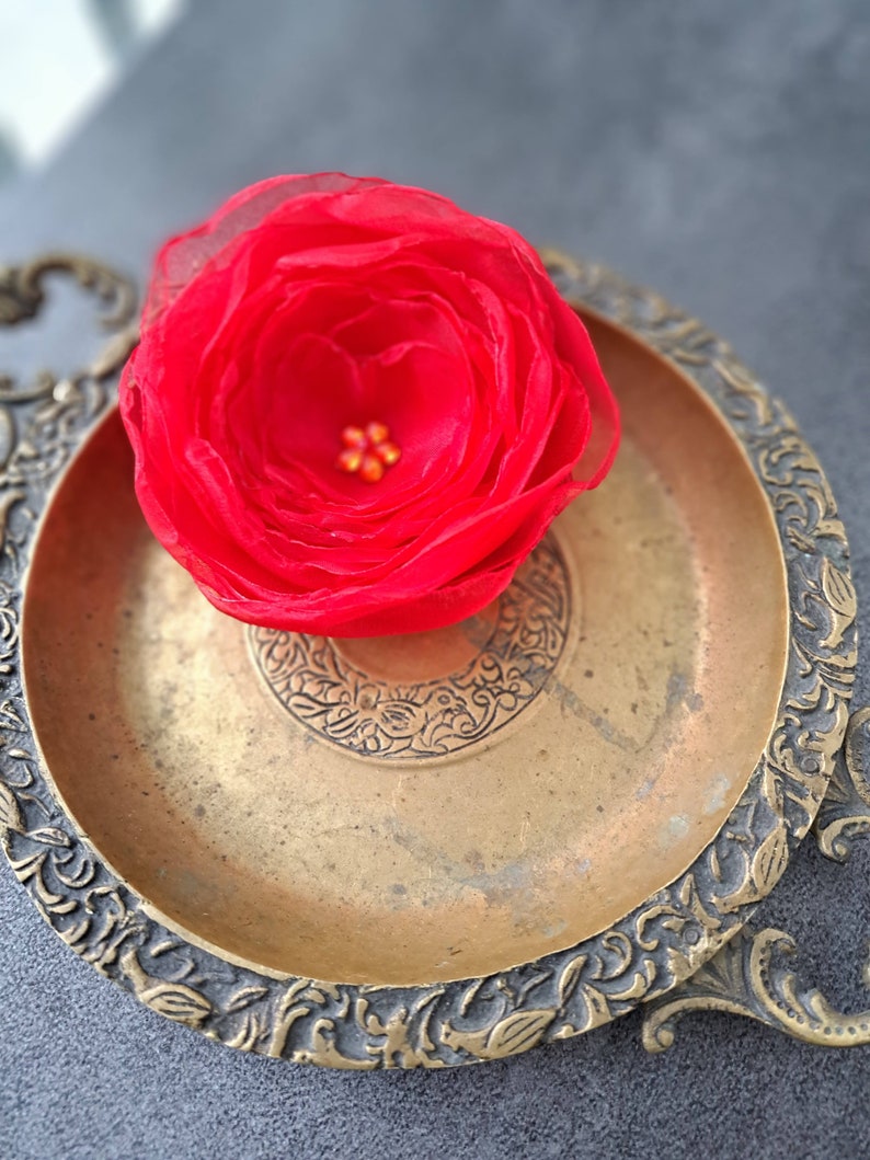 Red Flower Brooch Floral Broach for Woman Organza Flower Party Flower