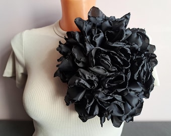 Black Satin Flower Brooch 8 inch, Statement Jacket Accessory