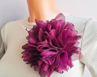 Large Purple Organza Flower Brooch: Fall Outfit Statement Accessory
