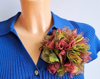 Red and Green Fabric Flower Brooch, 5 Inch Handmade Pin