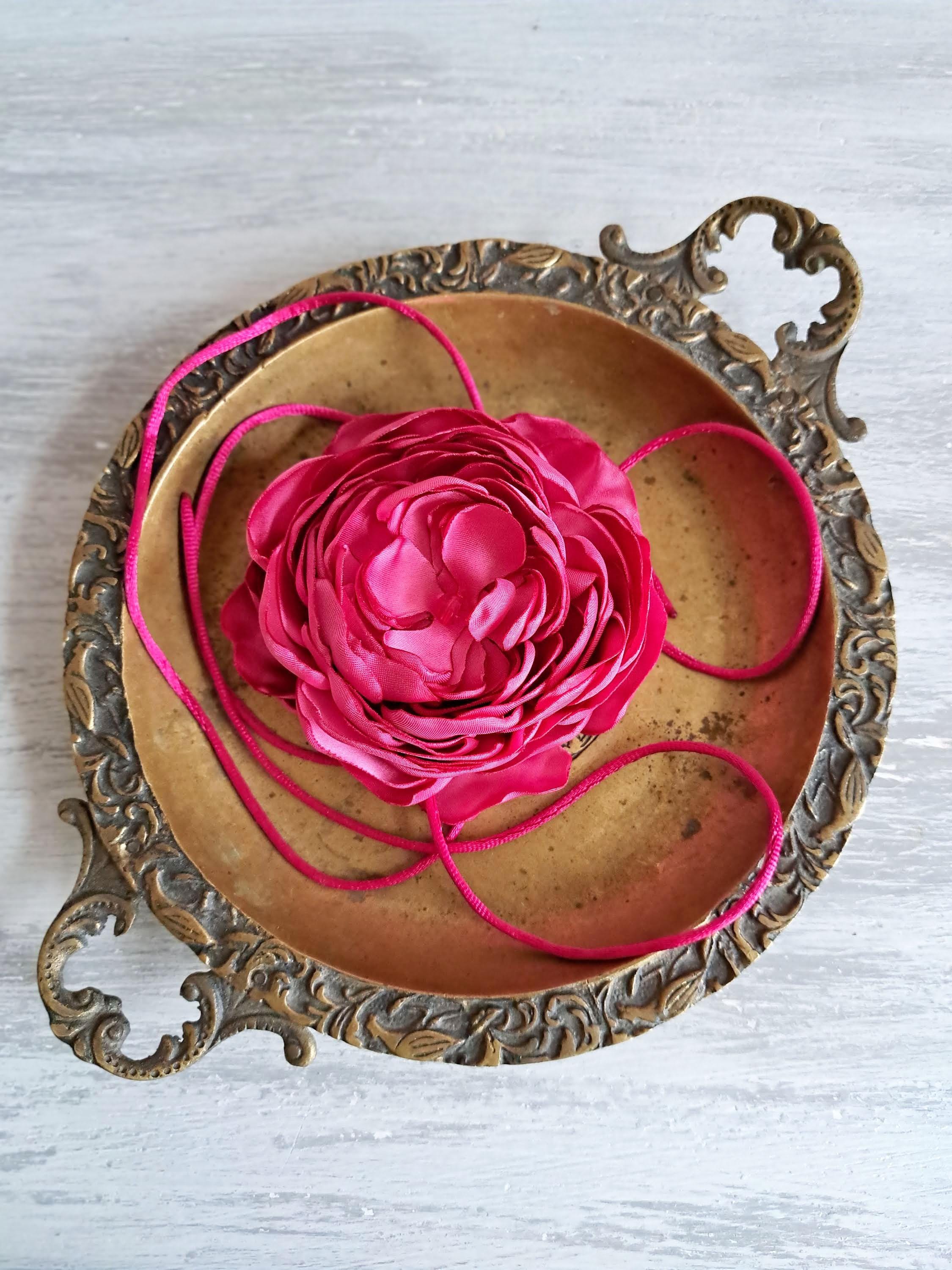 Collana Girocollo Con Fiore In Tessuto Rosa – Collana Boho Regolabile, Fatte A Mano, Per Donna, Sposa, Matrimonio, Festa (Lunghezza 120 Cm) - 4