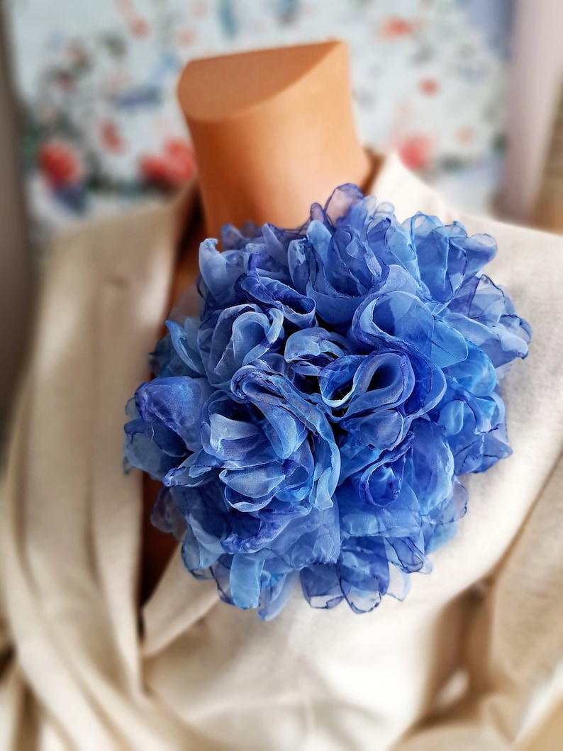 Organza flower Large flower pin Soft blue flower brooch Fashion floral broach Gift for mom Elegant flower brooch for women Party brooch image 2