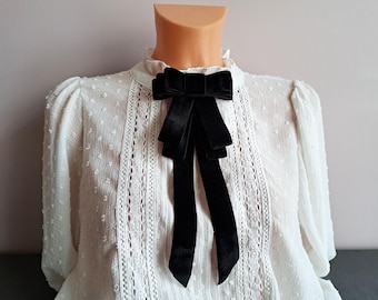 Black Velvet Ribbon Tie Brooch, Handmade Bow-Tie Brooch for Women, Woman's Jabot Necktie