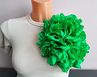 Large Green Fabric Flower Brooch 8 Inch, Oversized Statement Brooch for Coats and Jackets