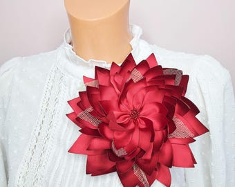 Red Flower Brooch for Christmas Dress, Large Handmade Silk Fabric Pin with Gold Mesh