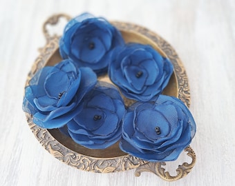 Blue fabric flower appliques 5 pcs Floral decoration Organza flowers Flowers for crafts Flowers set Flower patches Sew on fabric flowers