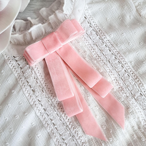 Soft Pink Velvet Ribbon Tie Brooch, Handmade Bow-Tie Brooch for Women, Woman's Jabot Necktie