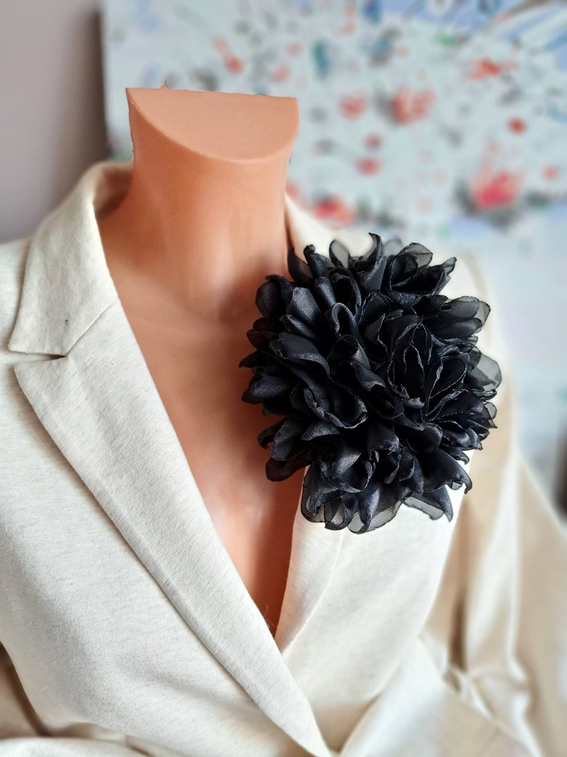 Black large flower brooch Organza flower Elegant brooch for women Party flower pin Gift for her Oversized flower brooch Big flower image 2