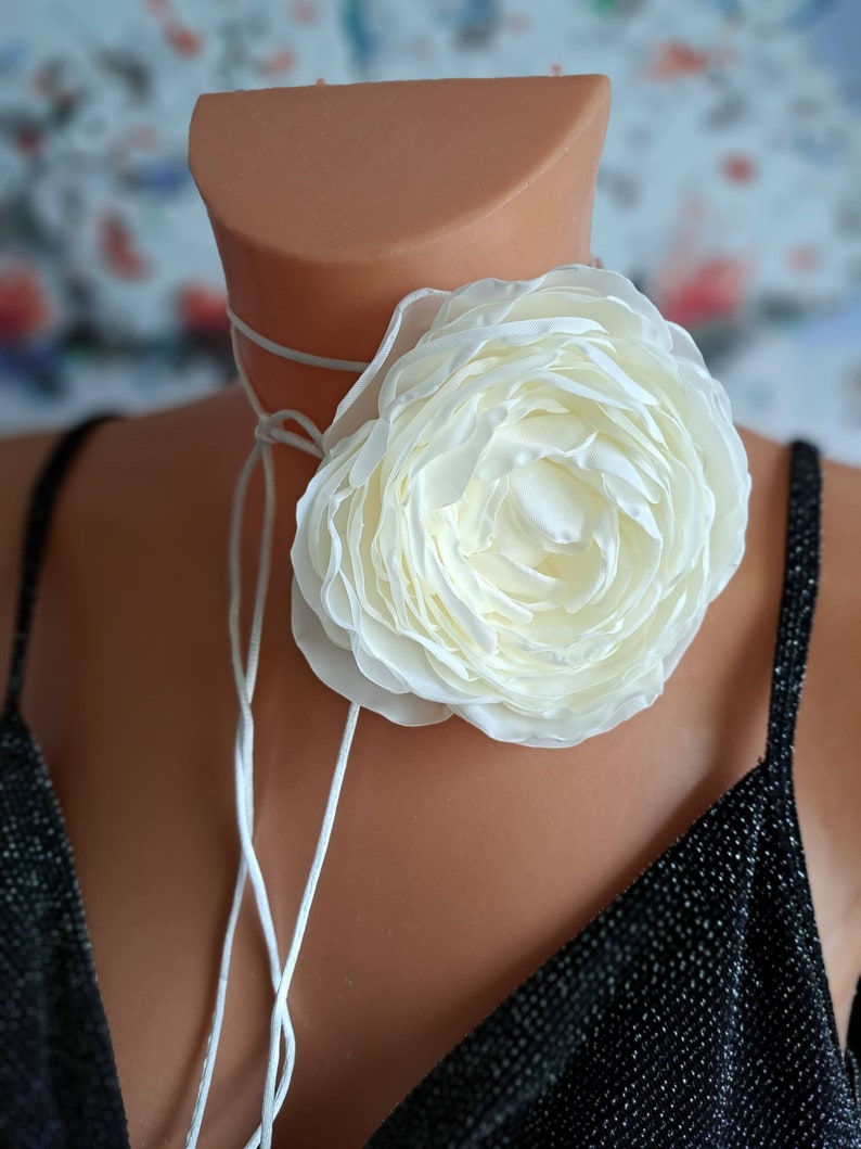 White flower choker necklace Handmade floral choker Fabric flower choker Elegant flower rose choker for women Gift for specials days image 3