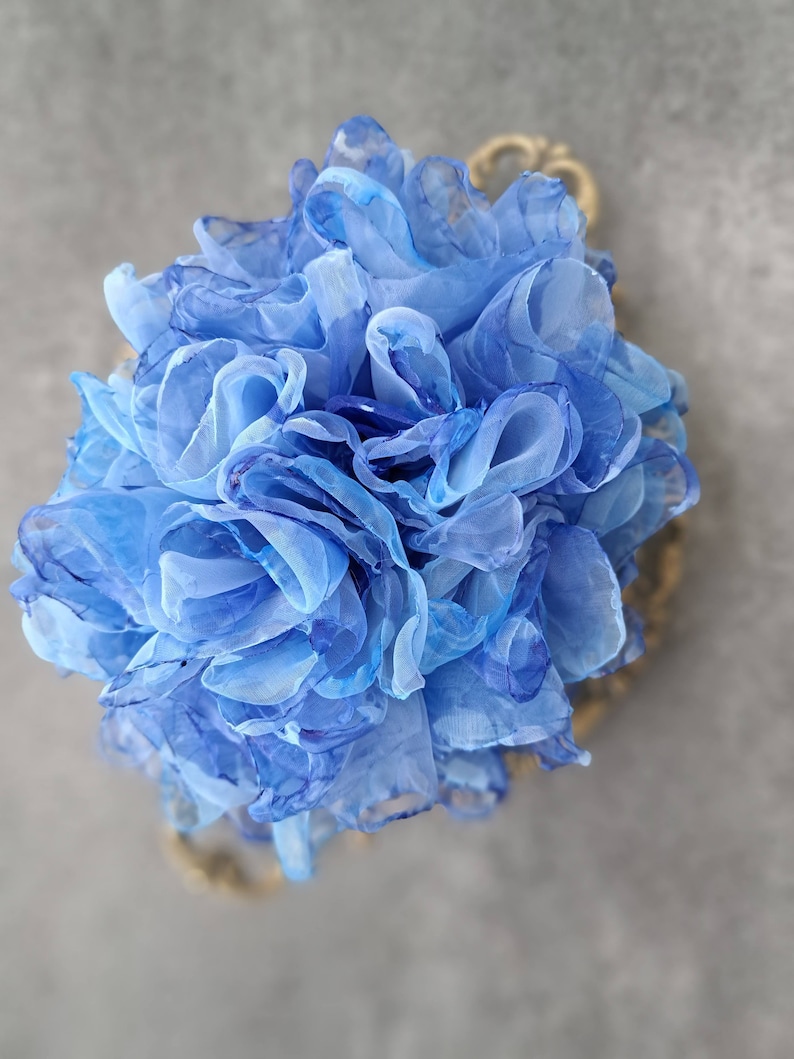 Organza flower Large flower pin Soft blue flower brooch Fashion floral broach Gift for mom Elegant flower brooch for women Party brooch image 7