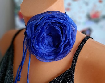 Blue flower choker necklace Handmade floral choker Organza flower choker Elegant flower rose choker for women Gift for specials days