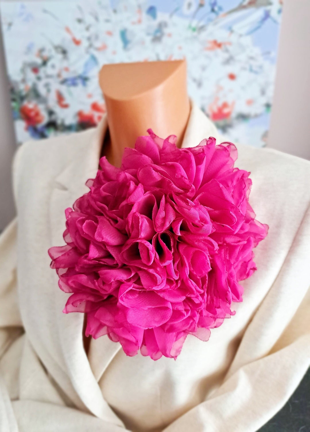 Hot Pink Flower Brooch Organza Flower Fashion Flower Pin Gift for Women Elegant Fabric Flower