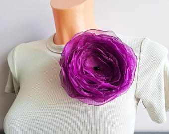Large Purple Organza Flower Brooch: Elegant Dress Pin