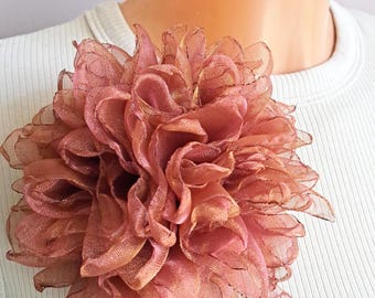Small brown organza flower brooch Shimmery fabric pin Lightweight floral accessory Handmade gift for her 4 Inch statement brooch Party pin
