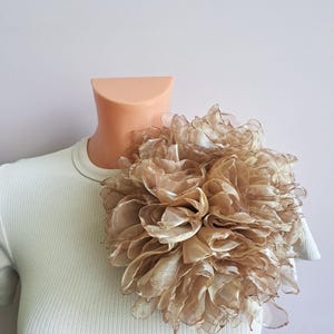 Fashionable large champagne gold brooch Chic flower pin for women Bold floral accessory for dress Organza floral pin Oversized corsage pin