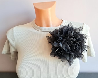 Black Organza Flower Brooch – 5 Inch Fabric Party Pin, Elegant Boho Accessory