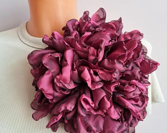 Deep Berry Organza Flower Brooch 7 inch: Statement Dress Accessory