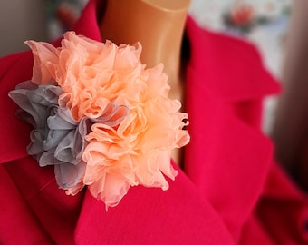 Pink gray organza flower brooch Elegant brooch for women Gift for her Oversized flower pin Large flower brooch Big flower