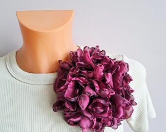 Deep Berry Organza Flower Brooch: Statement Dress Accessory