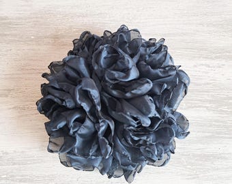 Dark Blue Organza Flower Brooch: Elegant Floral Pin, 4.5"